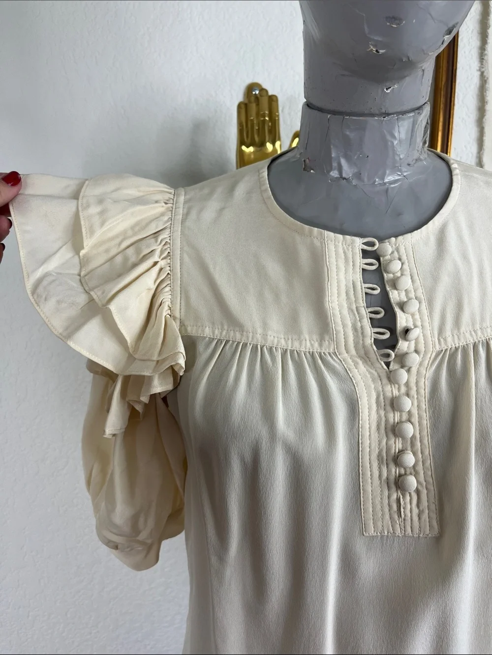 Ulla Johnson Nova Covered Button Yoke Ruffle Sleeve Silk Top Bone